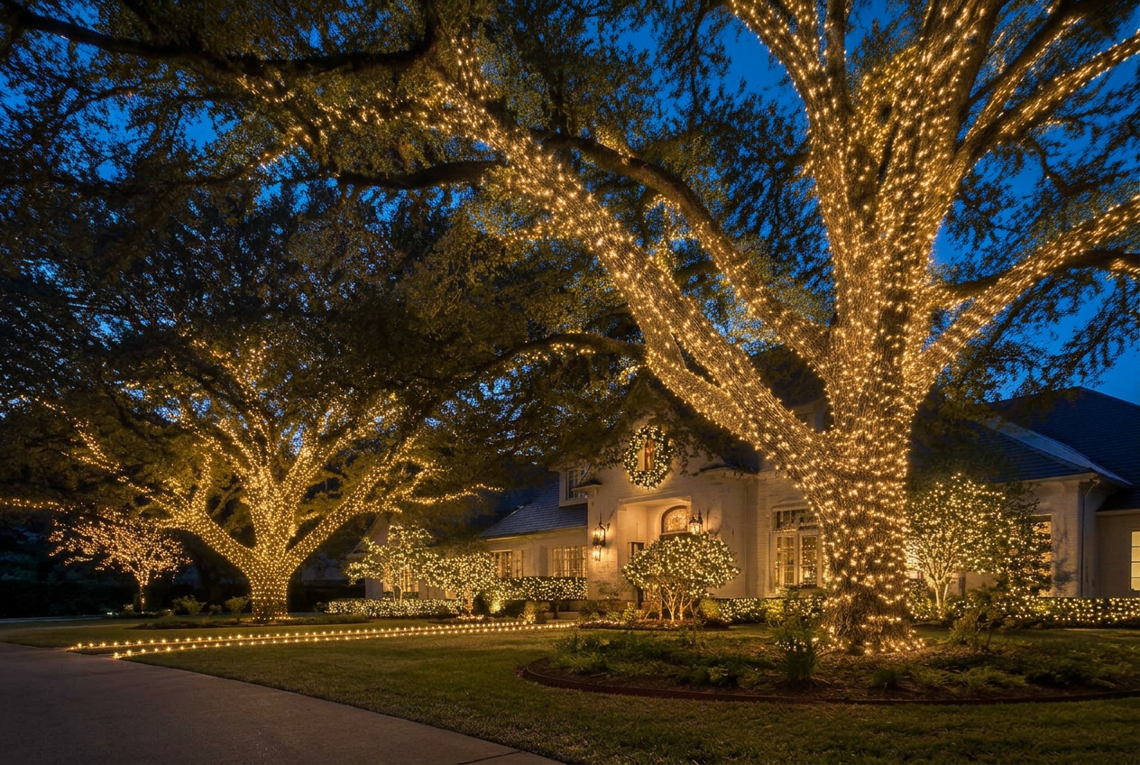 Mature oaks wrapped in thousands of warm white LEDs