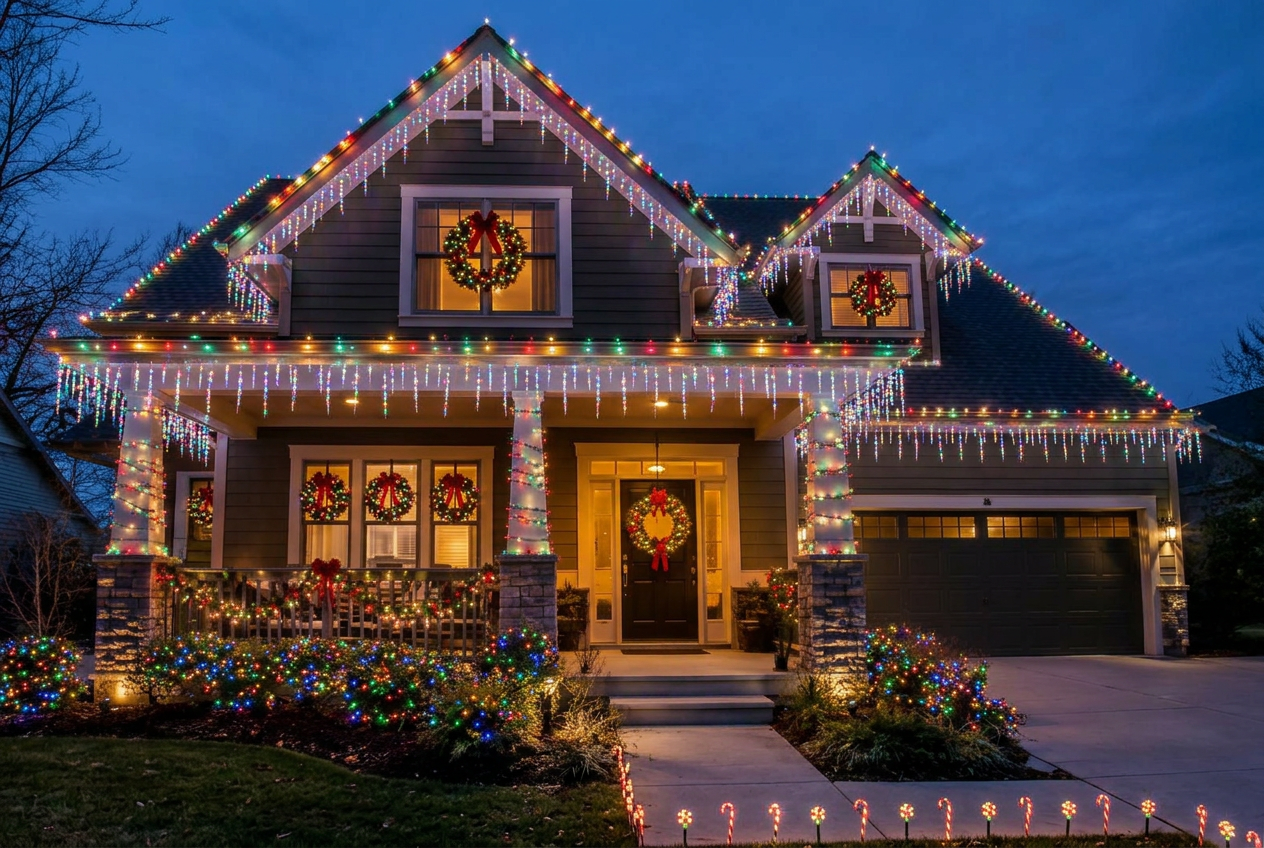 Festive multicolor C9s with garland and lighted wreath