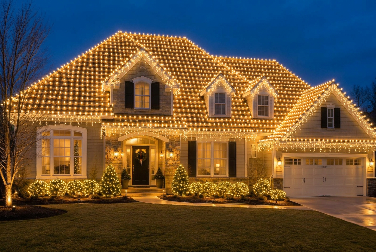 Full roof of warm white lights — every inch covered