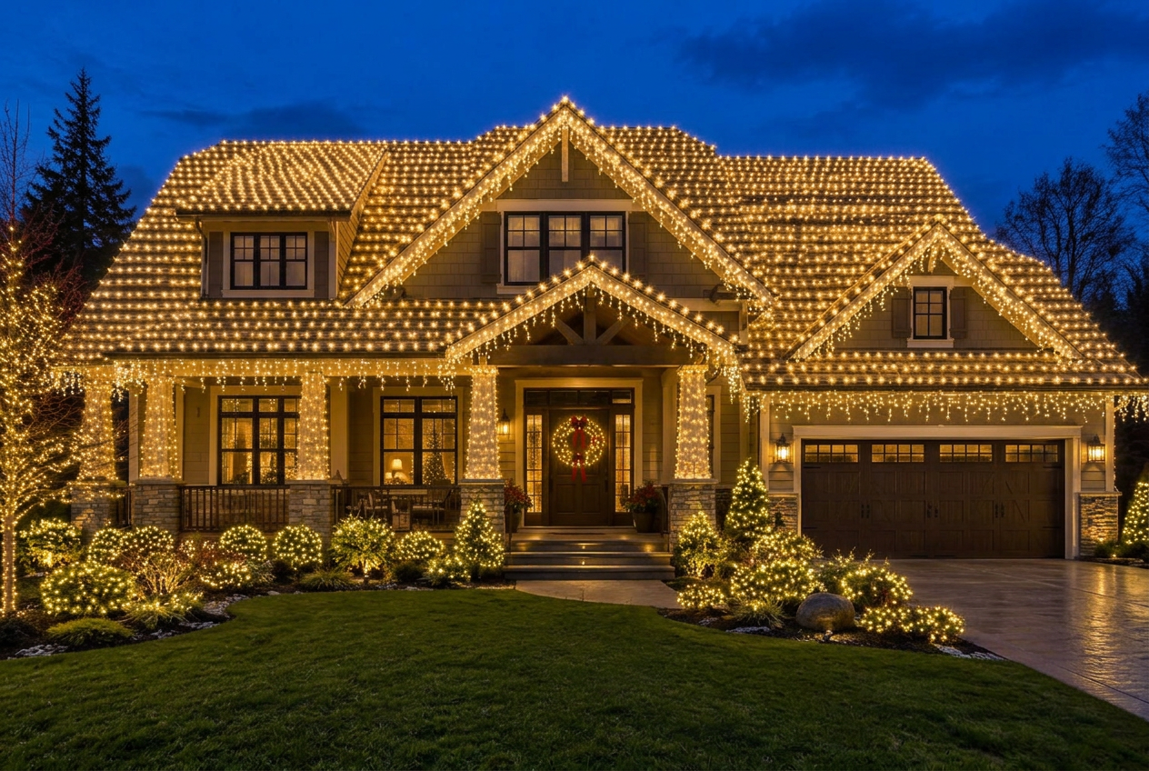 Full-roof coverage with wrapped columns and lit wreath